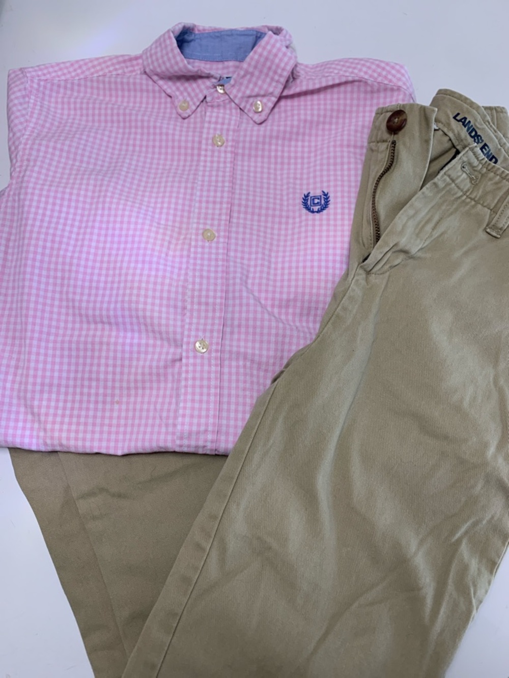 Boys sz12 bundle Lands' End Cotton Khakis & Chaps Pink check Button-Down Shirt